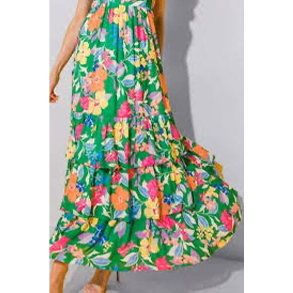 Green Floral Chiffon Sleeveless Ruffle Maxi Dress Feminine cottage core Sz L - Picture 3 of 14